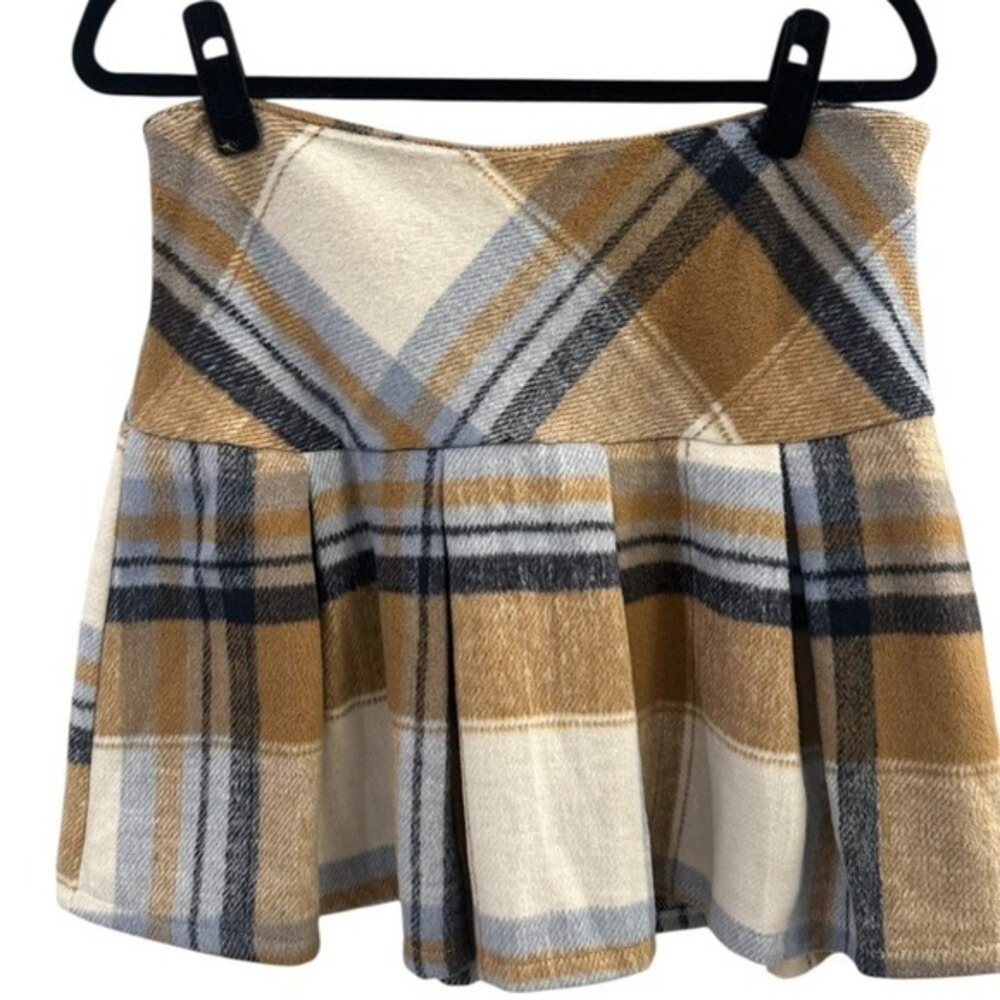 Blue Rain Francesca's Plaid Pleated Mini Skirt Women's Size‎ L Tan Brown Blue